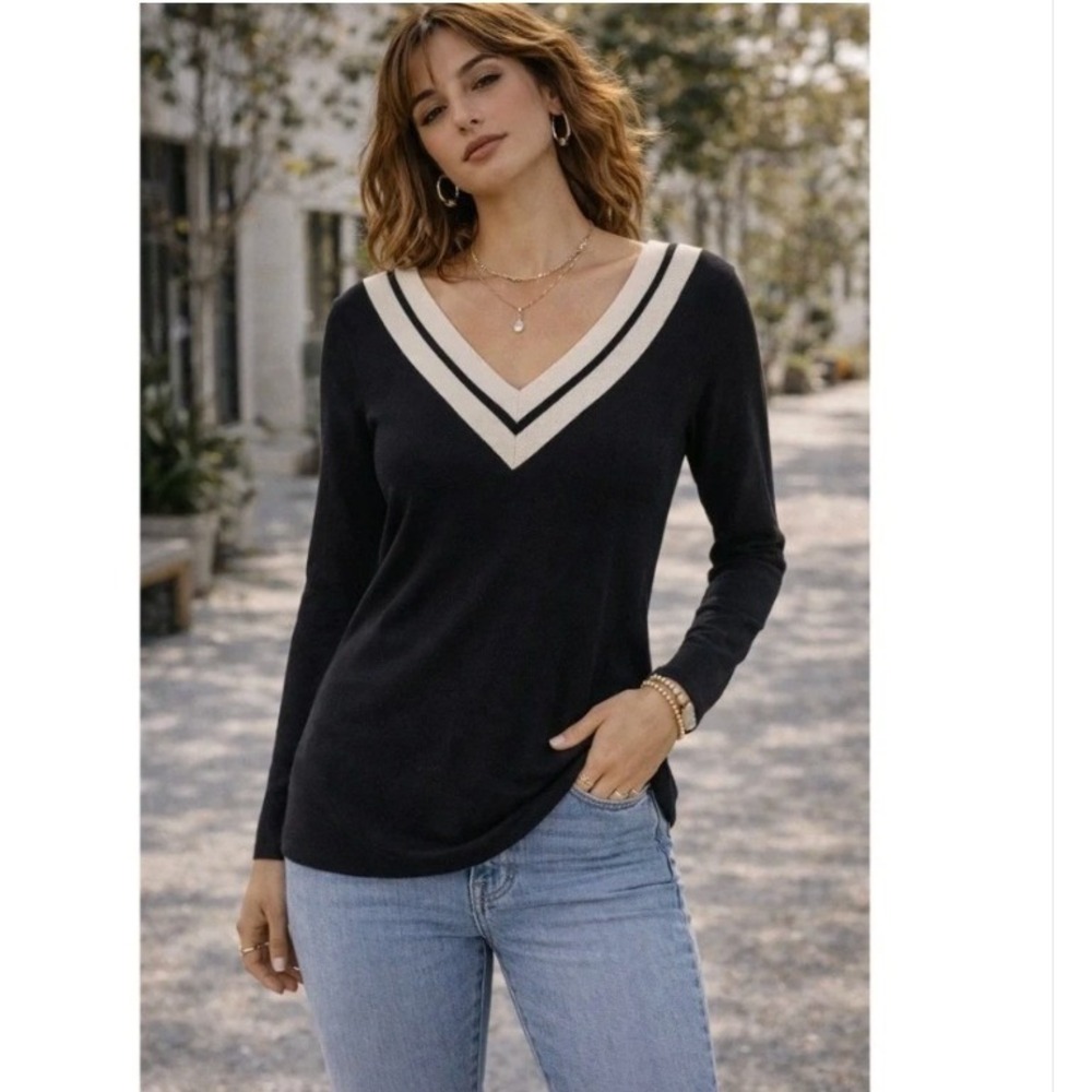 Express Women's Size Small V-Neck V-Back Sweater Lightweight Ribbed Black Beige